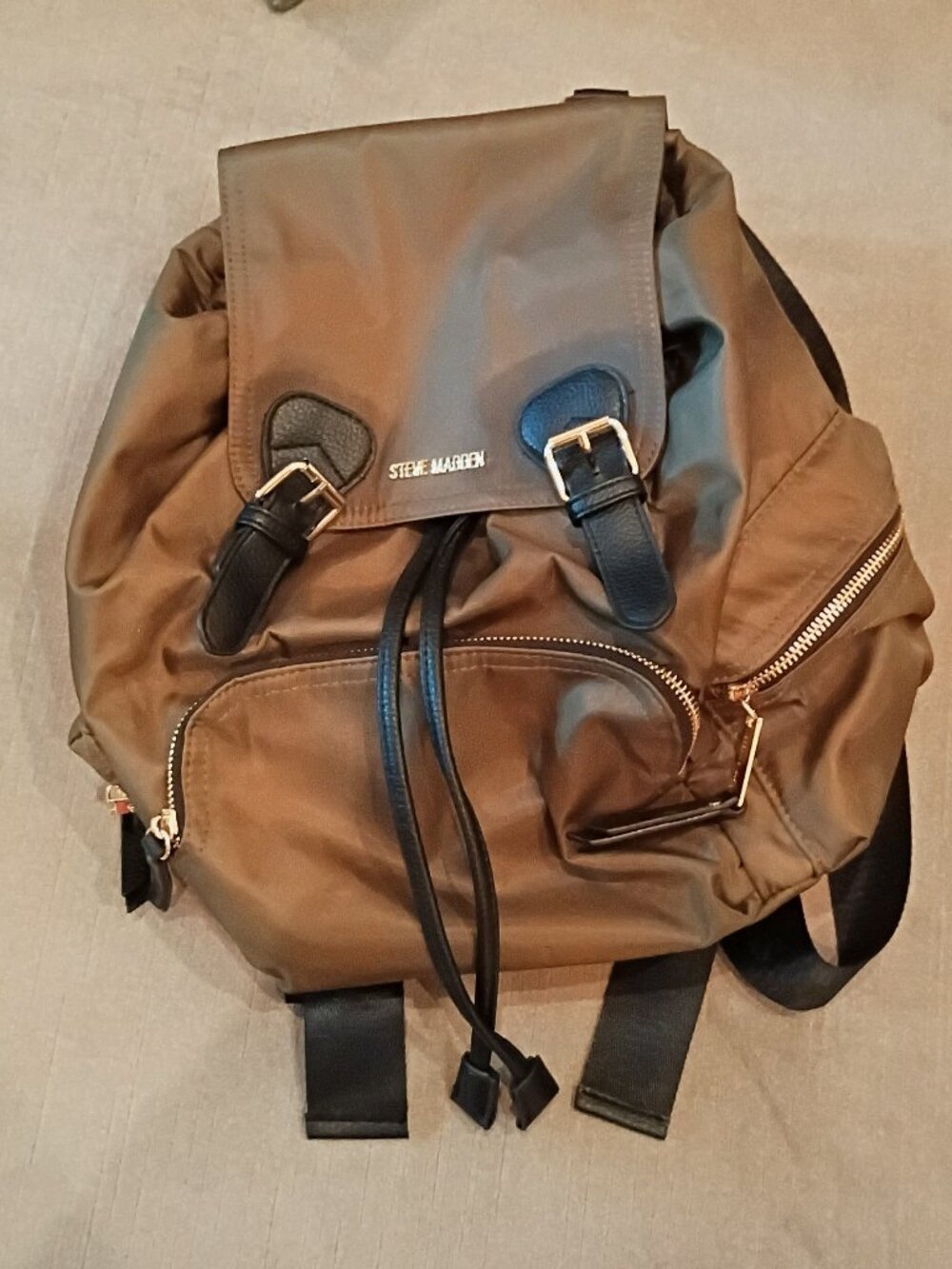 Steve Madden Olive Green Nylon Backpack Purse Black Trim Gold Buckle